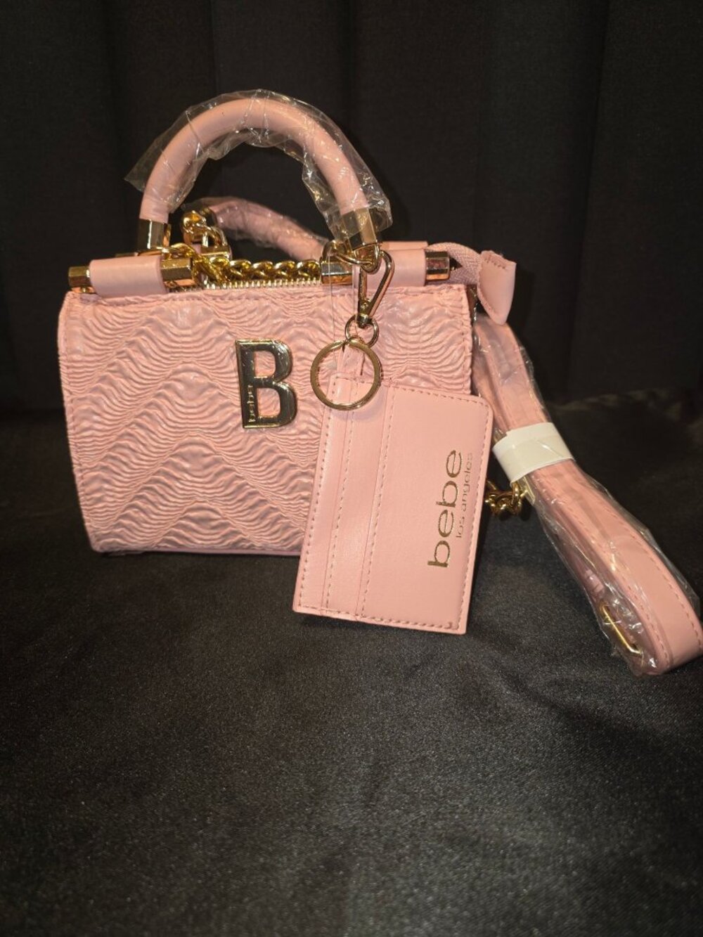 Bebe Mini Handbag With Cardholder Pink Gold Chain Strap Textured Design 7x5 Inch